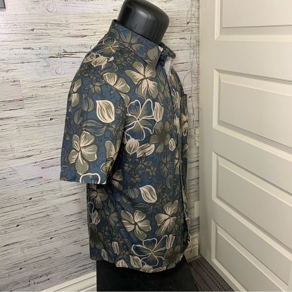 Hudson North Tropical Floral Blue Tan Casual Button Up Shirt Short Sleeves L - Picture 5 of 10